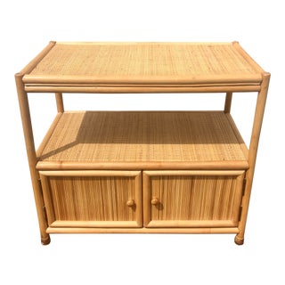 1960's Vintage Natural Woven Bamboo Rattan Bar Cart For Sale