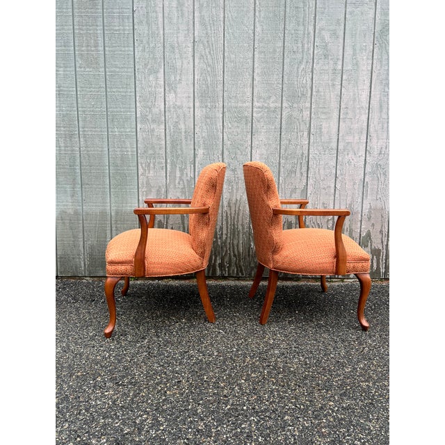 Pair of Vintage Queen Anne Style Upholstered Arm Chairs For Sale - Image 4 of 17