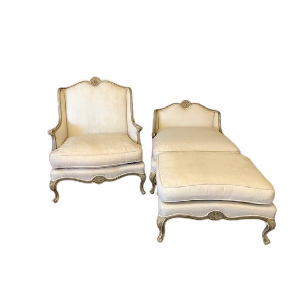 Wingback Pierre Deux Highland House Louis XV Style Designer Chairs and Ottoman - 3 Pieces For Sale