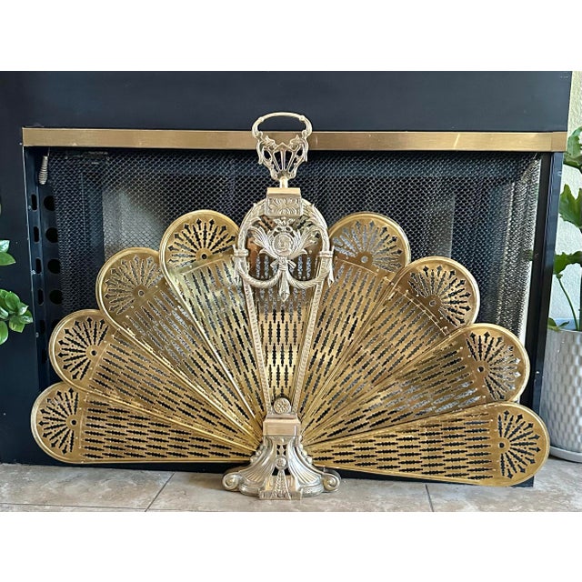 Vintage Brass Fireplace Screen Cameo Folding Peacock Screen For Sale - Image 9 of 11