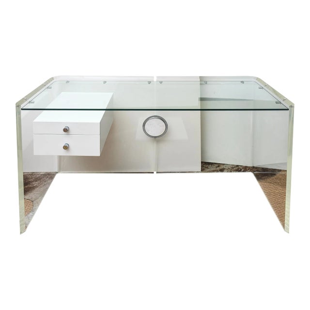 Vintage White Lacquered Over Wood, Chrome, Steel, Glass and Lucite Floating Desk Custom 70's For Sale