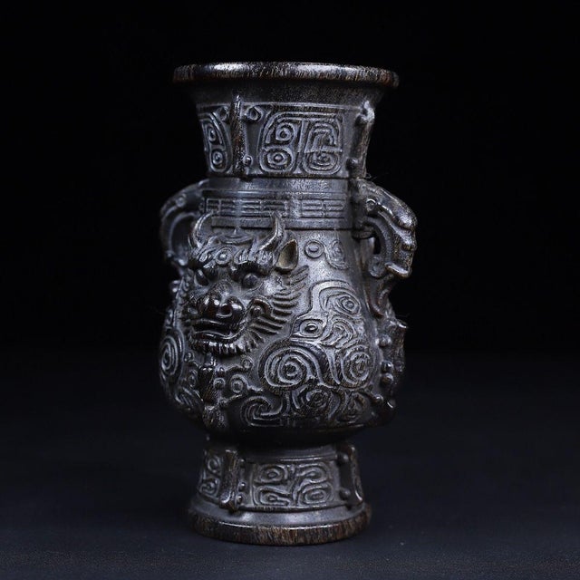 Late 19th Century Pair of Carved Faux Horn Beast-Face Vases With Handles For Sale - Image 10 of 10