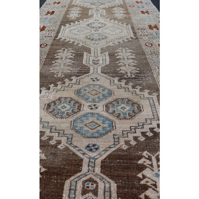 Early 20th Century Long Persian Heriz Runner With Central Medallions in Brown, Blue, Tan & Red For Sale - Image 5 of 12