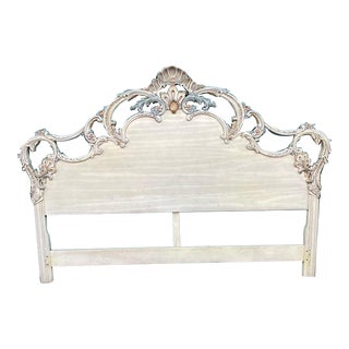 French Provincial Style Solid Wood Carved King Headboard With Shell and Flowers For Sale