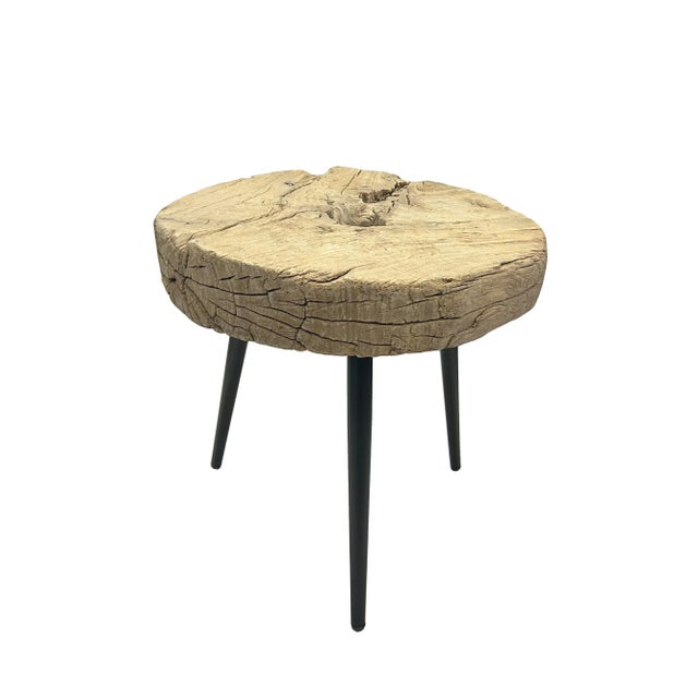 Rustic 19" Vintage Rustic Thick Old Wheel Round Tri Legs Side Table Ws4308S For Sale - Image 3 of 5