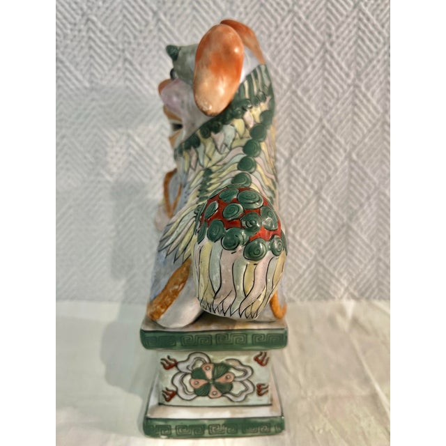 Vintage Famille Verte Chinoiserie Porcelain Foo Dog Guardian Lion With Ball For Sale - Image 4 of 12