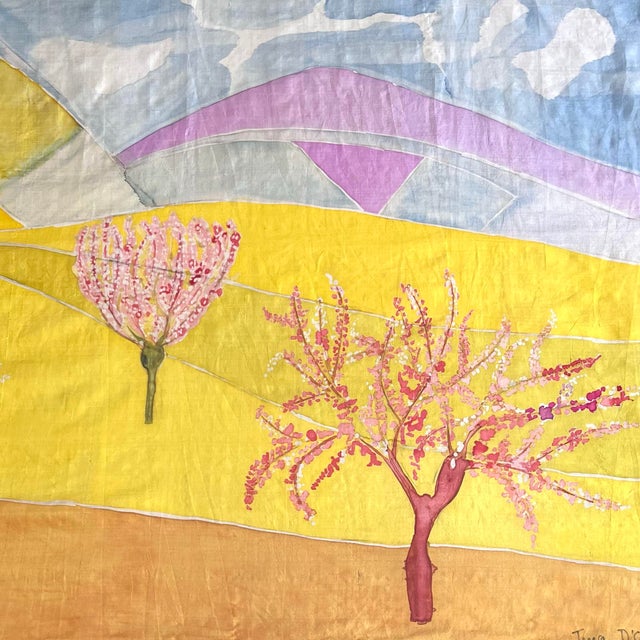 A pleasing mid century landscape painting on silk in the style of Sally Michel Avery. Signed lower right by the artist,...