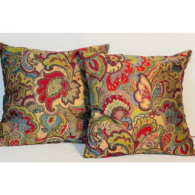 Gorgeous brocade woven colourful floral textile pair of pillows.