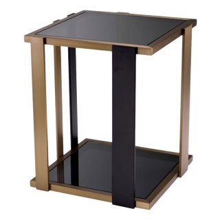 Square Side Table in Smoked Glass and Brushed Brass Finish For Sale