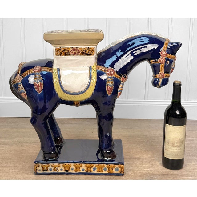 - Original Late 20th Century Chinoiserie Blue Tang Horse Plant Stand - Monumental Sized 24" x 19" - Attractive Cobalt Blue...