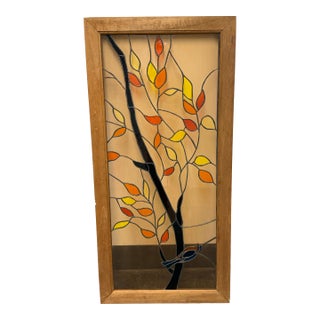 Tori Framed Stained Glass Wood Panel With Leaves, Vintage For Sale