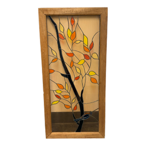 Tori Framed Stained Glass Wood Panel With Leaves, Vintage