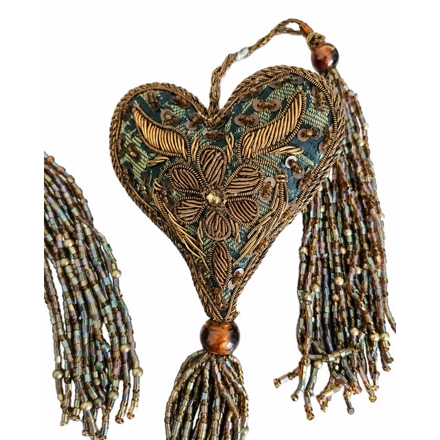 Set of 6 Embroidered & Beaded Tassel Ornaments in Teal, Bronze & Gold For Sale - Image 4 of 7
