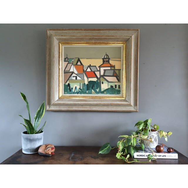 Mid-Century Modern Mid-Century Modern 'Where Houses Gather' Vintage Geometric Abstract Street Scene Oil Painting by Swedish Artist Wilhelm Wik (1897-1987), Framed For Sale - Image 3 of 12