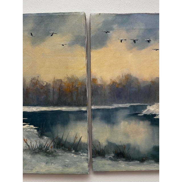 Textile Vintage Traditional Impressionist White Winter Landscape Original Oil Painting Diptych, a Pair in Cerulean Blue, Burnt Umber & White For Sale - Image 7 of 11