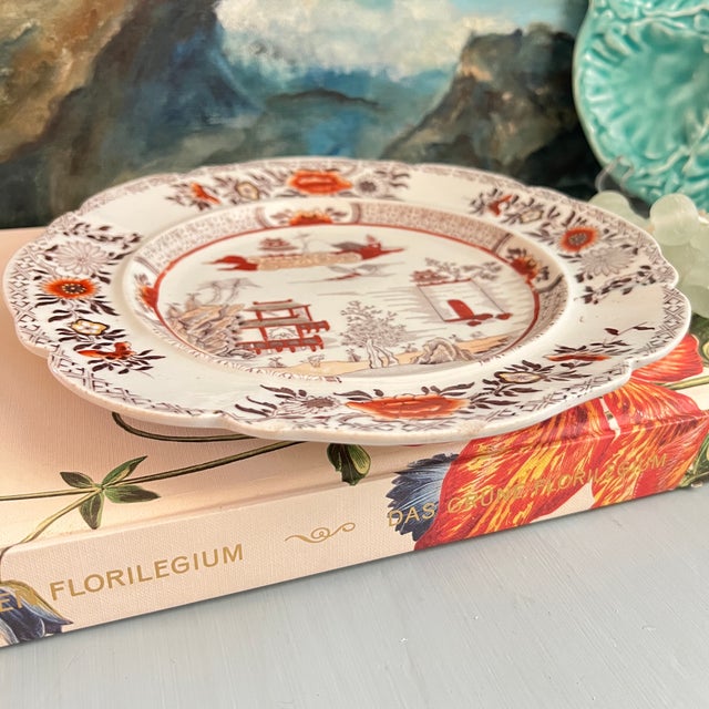 Brick Red Antique 1820s Mason's Patent Ironstone "Pekin" Chinese Landscape Plate – 10.25" For Sale - Image 8 of 12