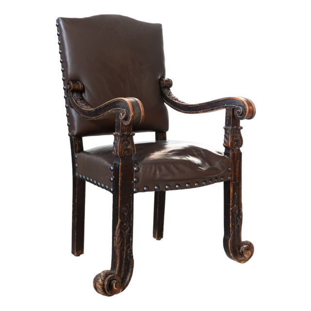 19th Century Beechwood, Metal, and Leather Throne, 1800s For Sale