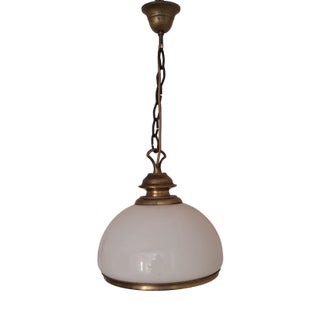Vintage Rustic Ceiling Lamp with White Glass Shade on Brass Mount, 1980s For Sale