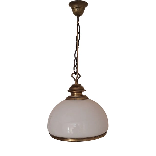 Vintage Rustic Ceiling Lamp with White Glass Shade on Brass Mount, 1980s For Sale