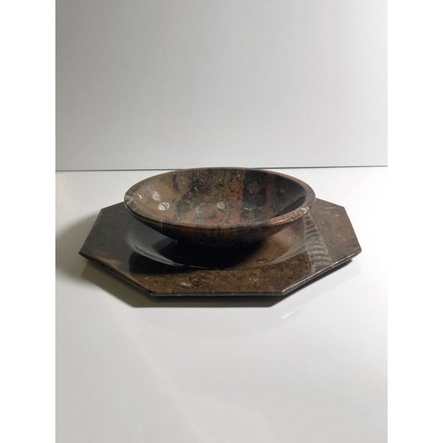 Mid-Century Modern Ammonite Fossil Marble Placemat Bowl and Plate, 1970s, Set of 2 For Sale - Image 3 of 8
