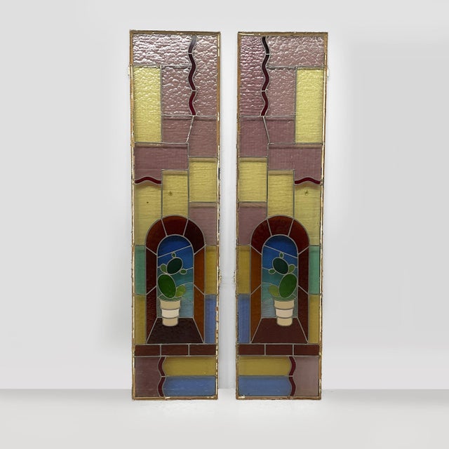 Italian Liberty Cactus Stained-Glass Windows, 1910s, Set of 2 For Sale - Image 3 of 15