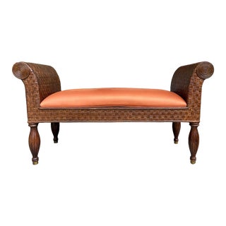 Vintage 1990s Ethan Allen Rattan Upholstered Bench For Sale
