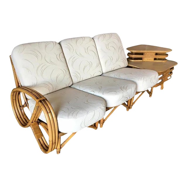1950s Restored 3/4 Pretzel Rattan 3-Seat Sectional Sofa with 2-Tier Side Table For Sale