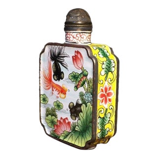 Vintage Painted Enamel on Copper Snuff Bottle – Goldfish & Lotus Motif For Sale
