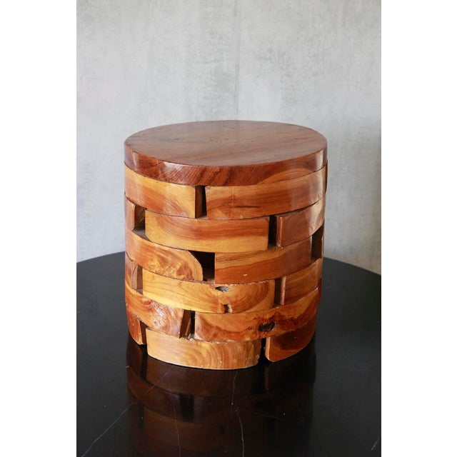 Mid-Century Modern Late 20th Century Stacked Teak Wood Block Round Pedestal Stool Bench For Sale - Image 3 of 9