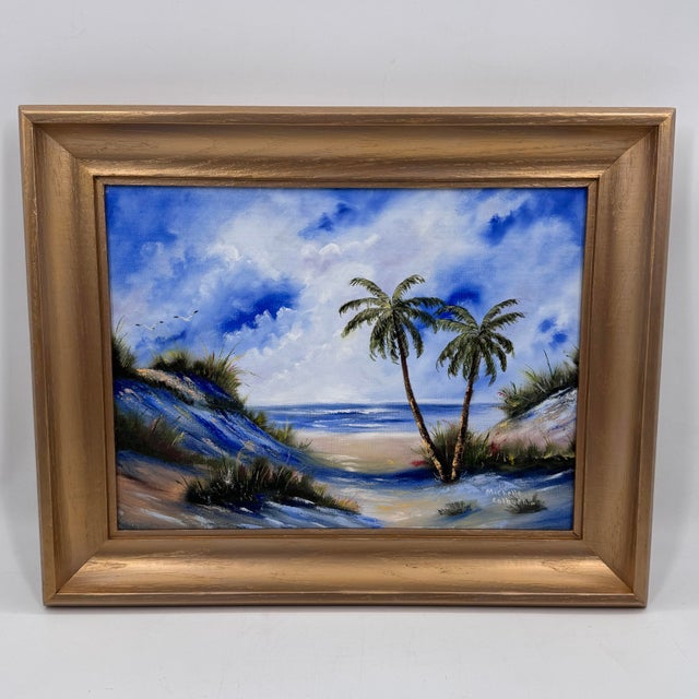 Gold Coastal Palm Tree Beach Original Painting in Gold Frame For Sale - Image 8 of 12