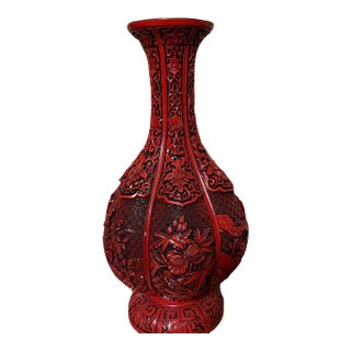 Early 20th Century 12” Chinese Red Carved Lacquer-Style Vase – Floral & Pomegranate Design For Sale