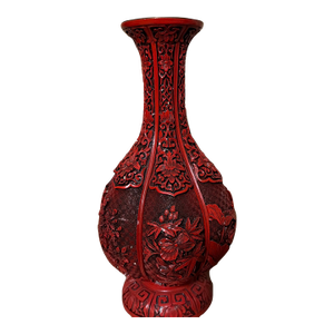 Early 20th Century 12” Chinese Red Carved Lacquer-Style Vase – Floral & Pomegranate Design