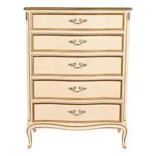 Henredon French Provincial Louis XV Cream Lacquered Parcel Gilt Highboy Dresser, Circa 1960s For Sale