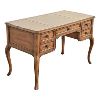 Sligh Furniture French Provincial Louis XV Carved Fruitwood Leather Top Bureau Plat Desk, Circa 1960s For Sale