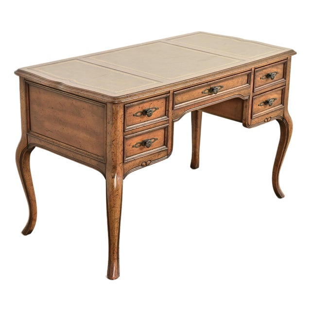 Sligh Furniture French Provincial Louis XV Carved Fruitwood Leather Top Bureau Plat Desk, Circa 1960s For Sale