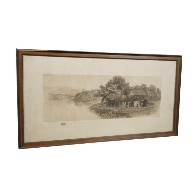 Late 19th century black-and-white etching by H.C. Rost. Panoramic country landscape showing a forking river with a...