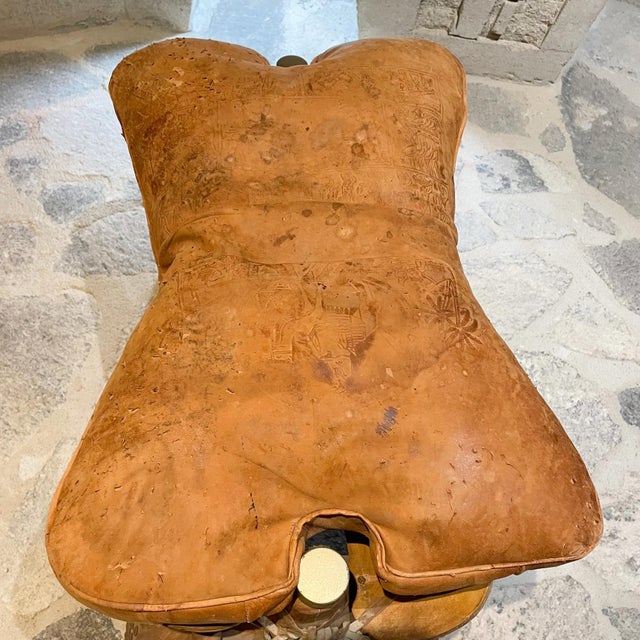 Wood 1960s Egypt Bohemian Distressed Saddle Leather Camel Foot Stool For Sale - Image 7 of 12