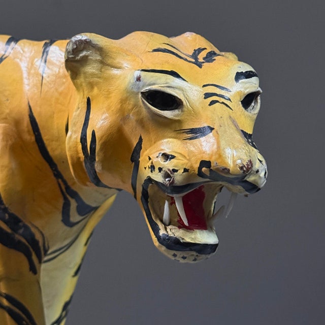 Yellow Vintage Folk Art Leather Wrapped Hand Painted Tiger For Sale - Image 8 of 8
