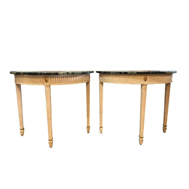 1950s Demilune Painted Classical Console Tables with Green Marble Tops - A Pair For Sale - Image 9 of 18