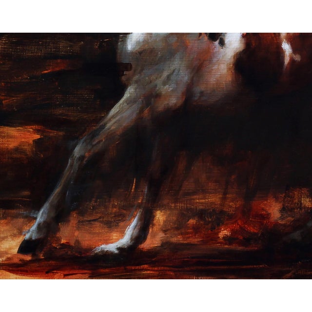 This oil on panel artwork captures a powerful horse galloping through a swirling dust storm, embodying both movement and a...