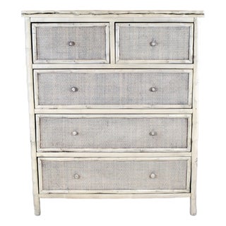 1990s Coastal Faux Bamboo Dresser With Grasscloth, White-Washed Finish For Sale