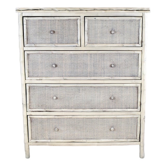 1990s Coastal Faux Bamboo Dresser With Grasscloth, White-Washed Finish For Sale