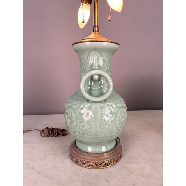 Ceramic 1920s Chinese Celadon Glazed Table Lamp With Raised Floral Design For Sale - Image 7 of 7