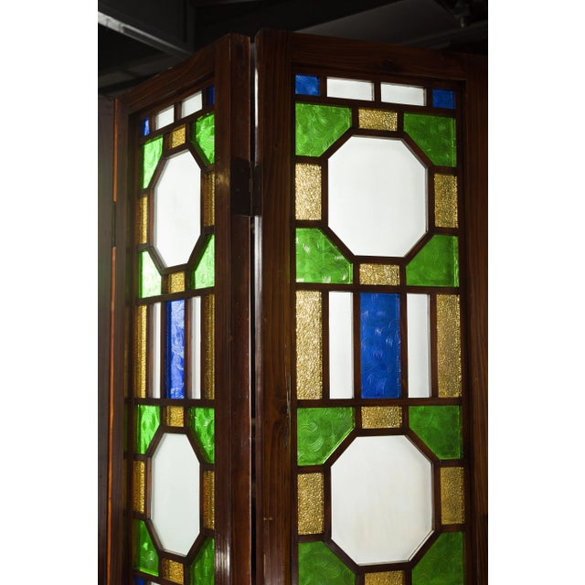 Early 20th Century Antique Chinese Stained Glass Geometric Motif 6-Panel Folding Screen For Sale - Image 5 of 13