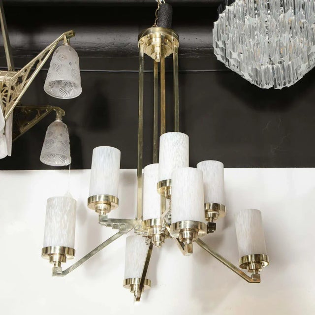 Art Deco Cubist Skyscraper Style Silvered Bronze & Mottled Glass Chandelier For Sale - Image 10 of 12