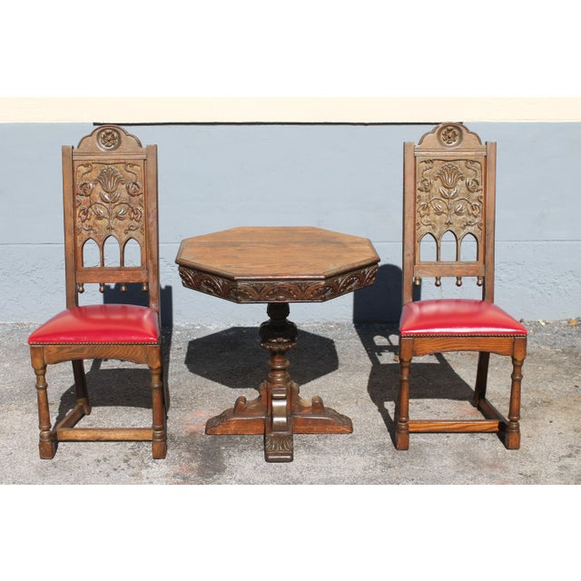 Traditional Rennaisance Revival Carved Oak Tea Table & Chairs For Sale - Image 3 of 13