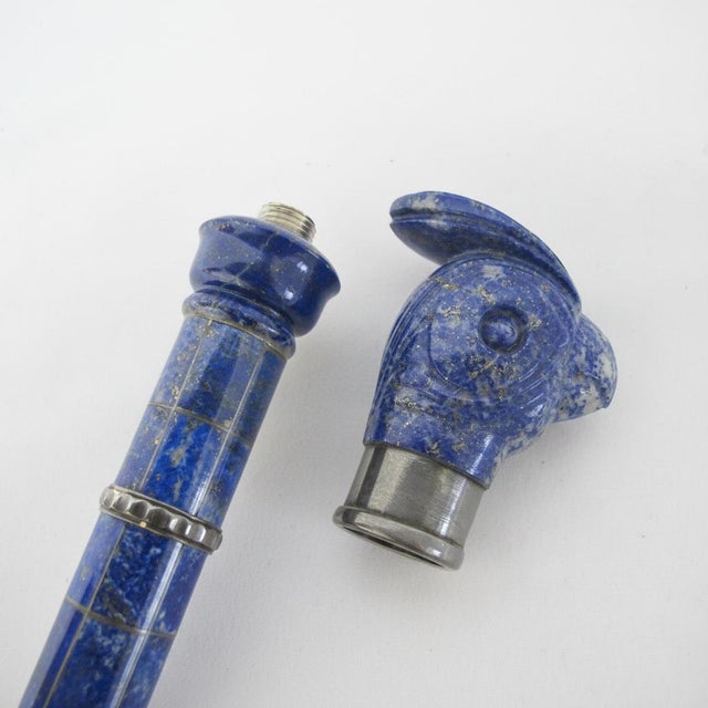 Late 19th Century Antique Lapis Lazuli Silver Mounted Bird Head Handle Walking Stick Cane For Sale - Image 5 of 9