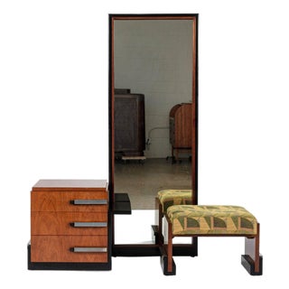 Antique Art Deco Wood Vanity Mirror & Stool by Donald Deskey for Widdicomb 1930s For Sale