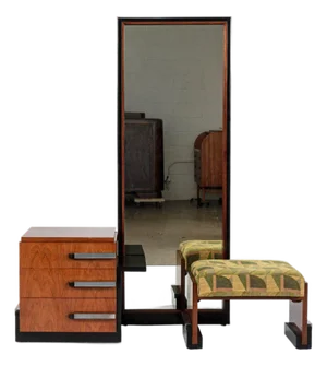 Antique Art Deco Wood Vanity Mirror & Stool by Donald Deskey for Widdicomb 1930s