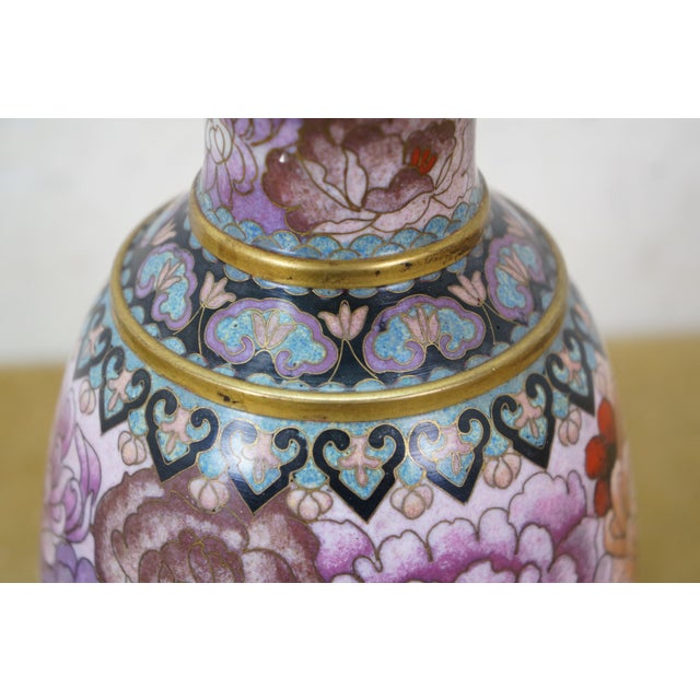 Metal Chinese Brass Cloisonne Enamel Chrysanthemum Bud Vase on Stand 8" For Sale - Image 7 of 13